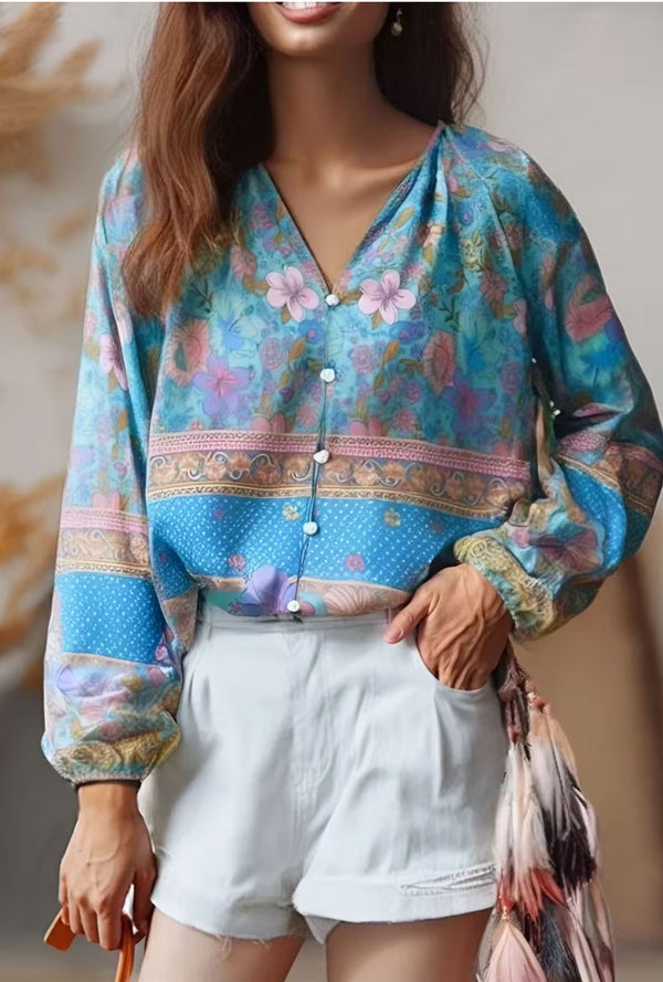 Boho Top for Women – Bohemian Blouse - Freya Pink & Blue Floral Long Sleeve Top