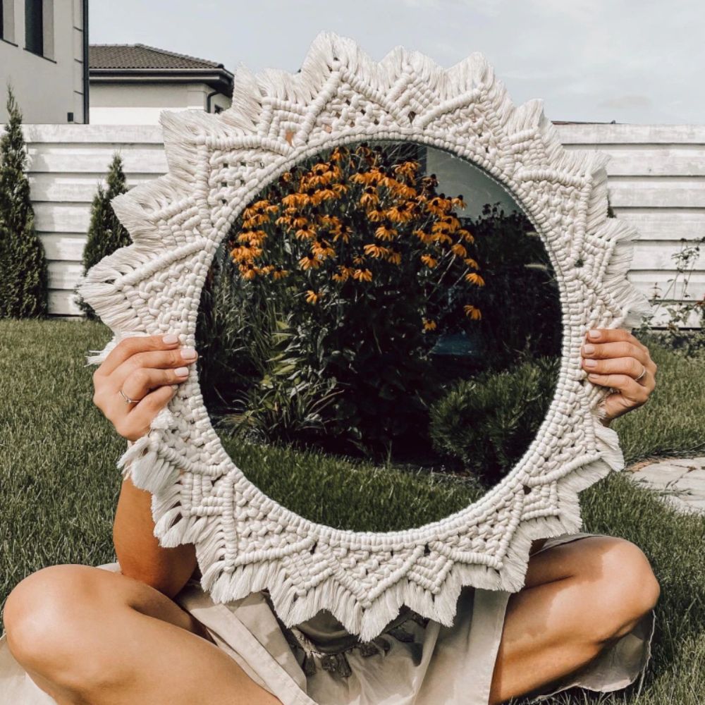 Decoratif mirror with handmade macrame design wall decor outlets boho summer wedding