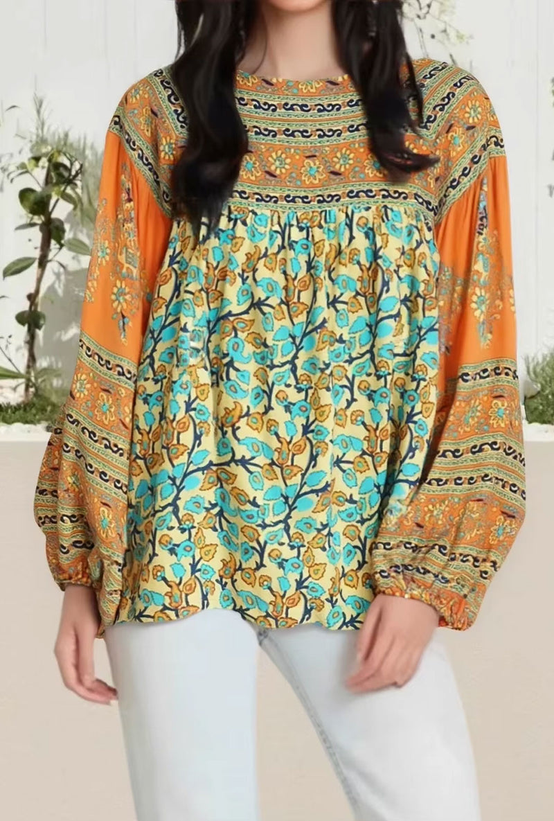 Boho Top for Women – Bohemian Blouse - Calista Orange Flowy Blouse for Women