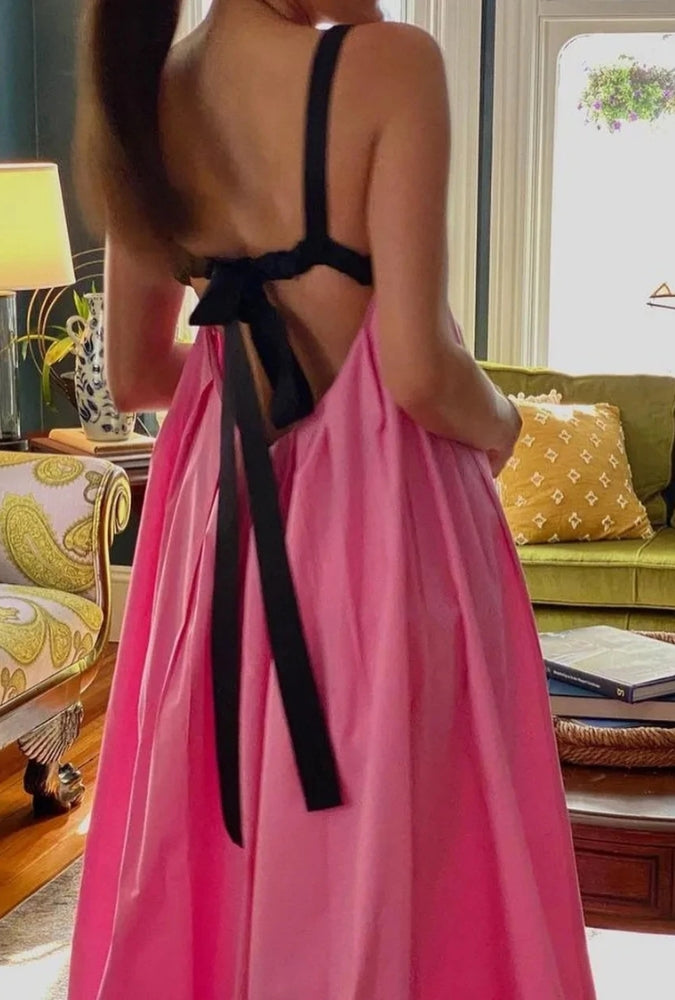 Boho Beach Maxi Dress - Pink Spaghetti Strap - Backless Bow Tie Loose Slip Long Dress