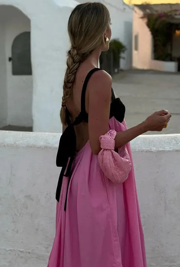 Boho Beach Maxi Dress - Pink Spaghetti Strap - Backless Bow Tie Loose Slip Long Dress