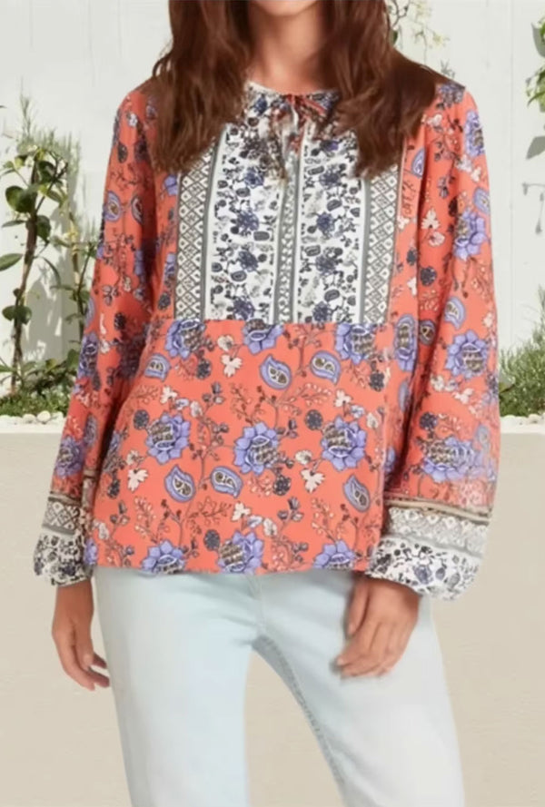 Boho Top for Women – Bohemian Blouse - “Terracotta Folk” Vintage Floral Printed Shirt in Green & Pink