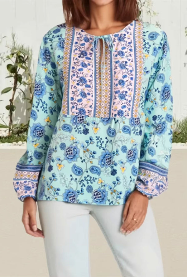 Boho Top for Women – Bohemian Blouse - “Terracotta Folk” Vintage Floral Printed Shirt in Green & Pink