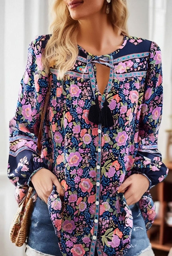 Boho Blouse – “Wild Petal” – Boho Floral Tunic Tops in Purple