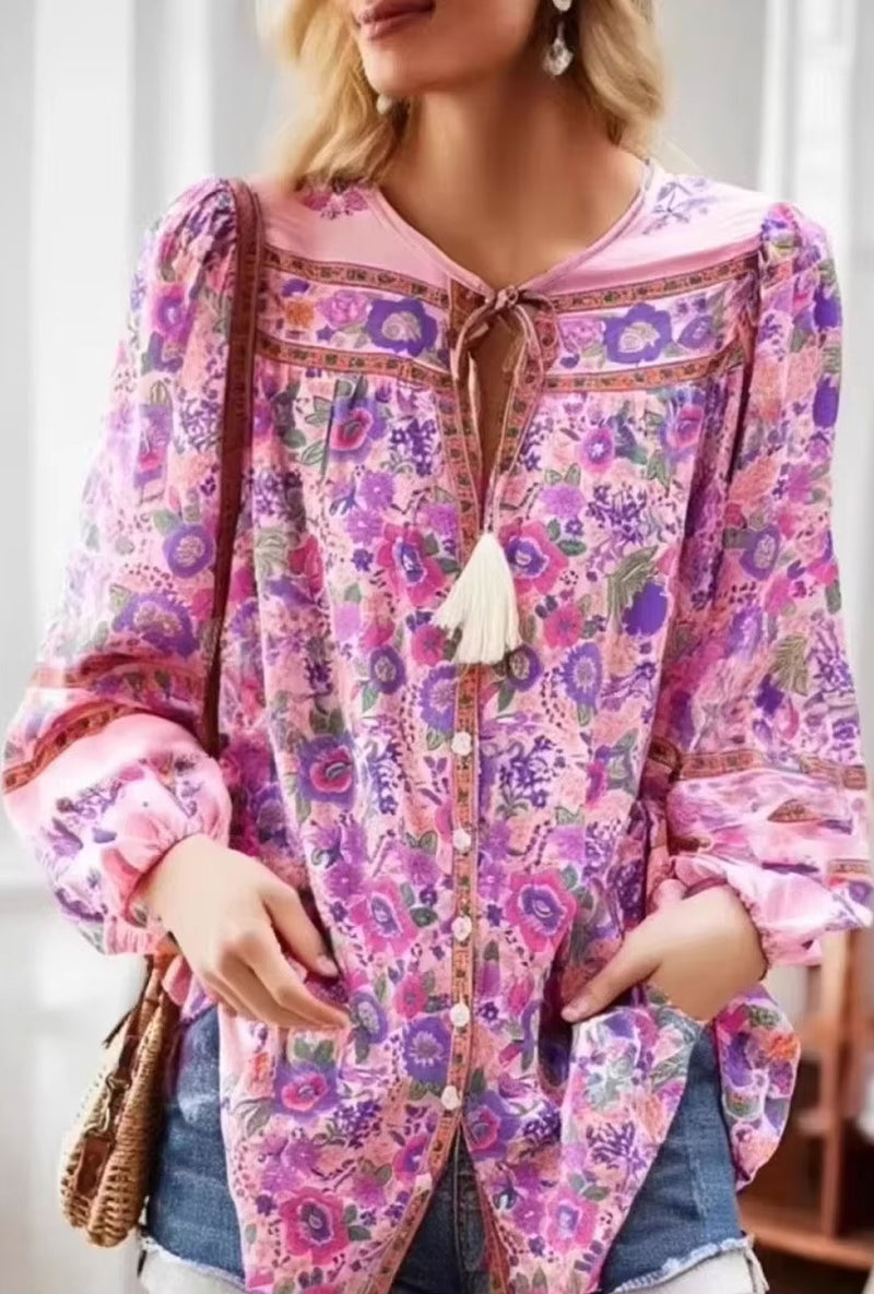 Boho Blouse – “Wild Petal” – Boho Floral Tunic Tops in Pink & Blue