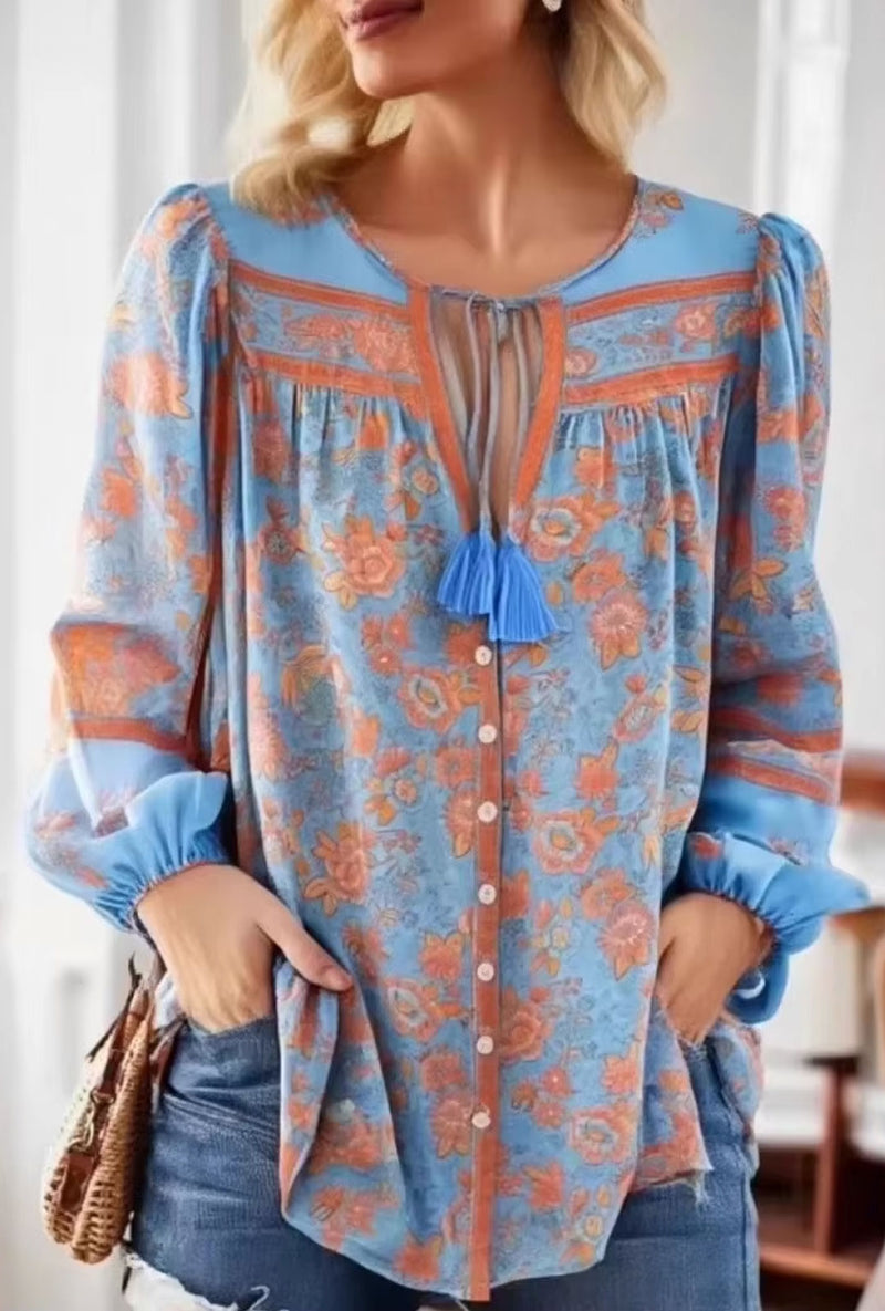 Boho Blouse – “Wild Petal” – Boho Floral Tunic Tops in Pink & Blue