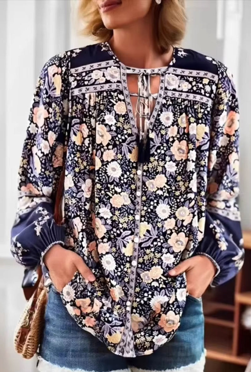 Boho Blouse – “Wild Petal” – Boho Floral Tunic Tops in Pink & Blue