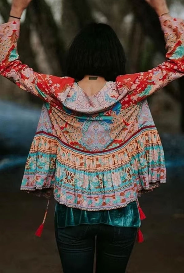 Boho Blouse – “Festival Fire” V-Neck Tribal Print Top in Red