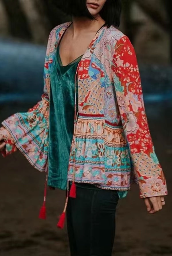 Boho Blouse – “Festival Fire” V-Neck Tribal Print Top in Red