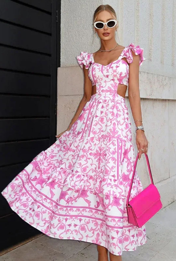 Boho Beach Dress - Backless Summer Vacation Vibes - Pink Wine Flower
