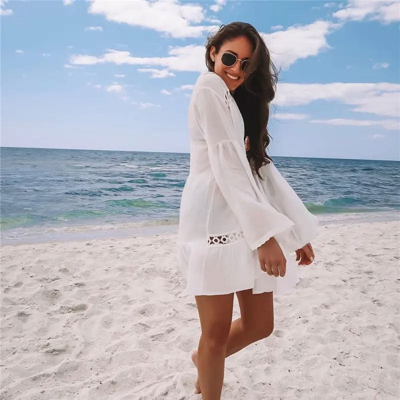 Boho Mini Dress - Beach Tunic - White Yuka