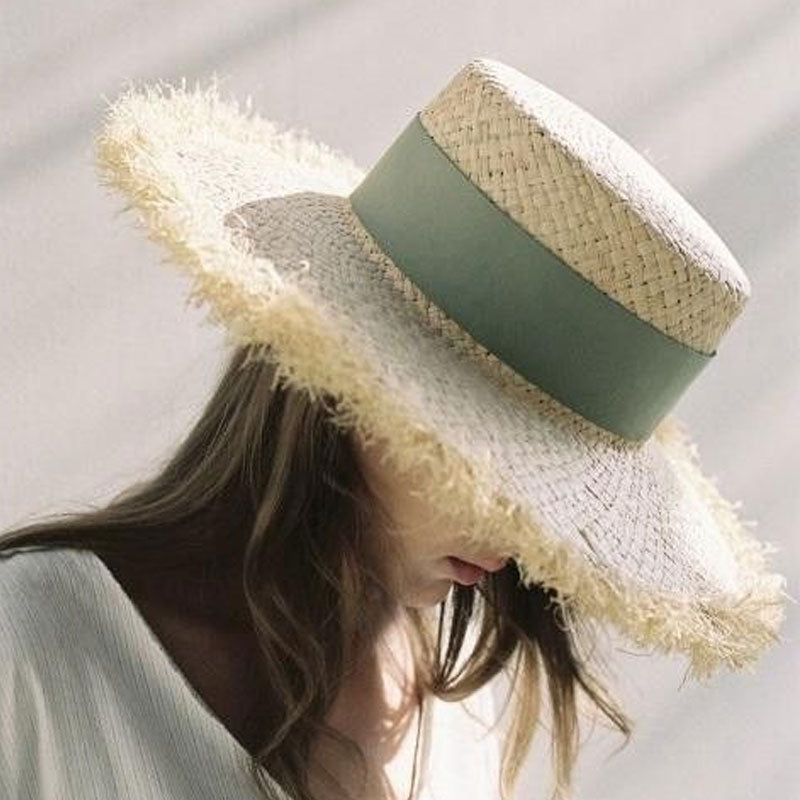 Boho Hat, Sun Hat, Beach Hat, Fringed Wide Brim Raffia Straw Hat, Ribbon