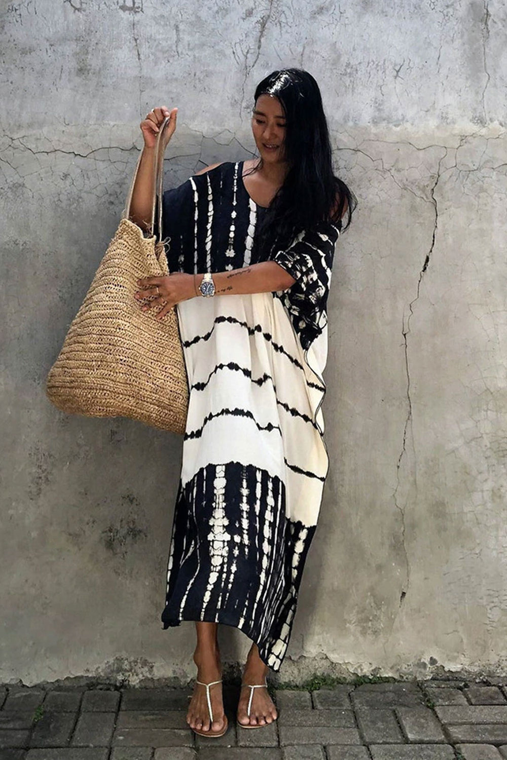 Beach Dress, Cover up Dress,, Kaftan Dress, Black & White Tie Dye Prin – Wild Rose Boho