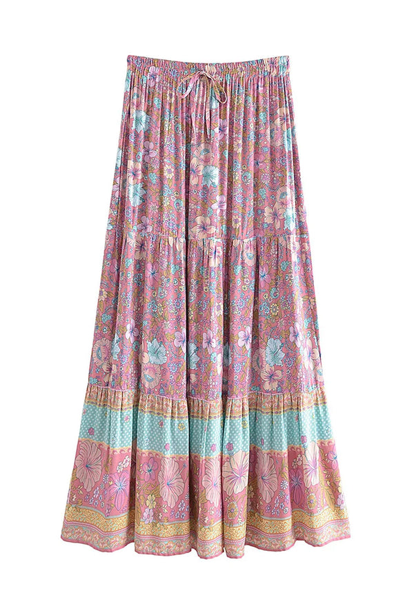 Boho Maxi Skirt - Hippie Style in Zoey Flower Pink Blue