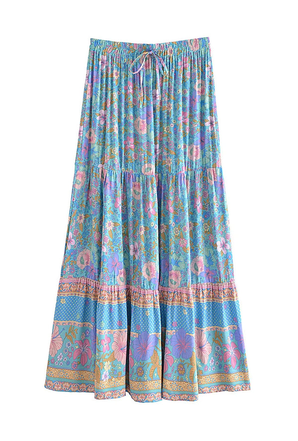 Boho Maxi Skirt - Hippie Style in Zoey Flower Pink Blue