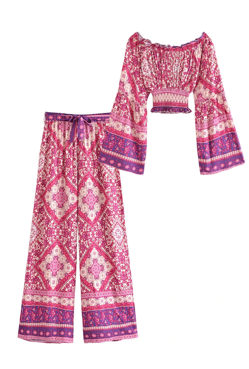 Boho Two Piece Set - Crop Top Blouse and Palazzo Pant - Pink Fuchsia