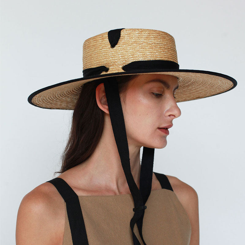 Boho Hat, Sun Hat, Beach Hat, Wide Brim Straw Hat 10 cm, Black Ribbon