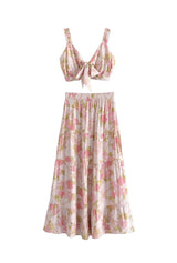 Boho Two Piece Set - Crop Top Blouse and Maxi Skirt - Pink Rosy Aria