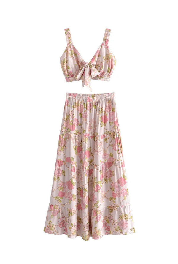 Boho Two Piece Set - Crop Top Blouse and Maxi Skirt - Pink Rosy Aria