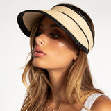 Boho Hat, Sun Hat, Beach Hat, Shade Visor Beige Straw Cap, Black Trim