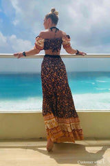 Bohemian Two Piece Set – Bluebell Aria Floral Crop Top and Flowing Maxi Skirt