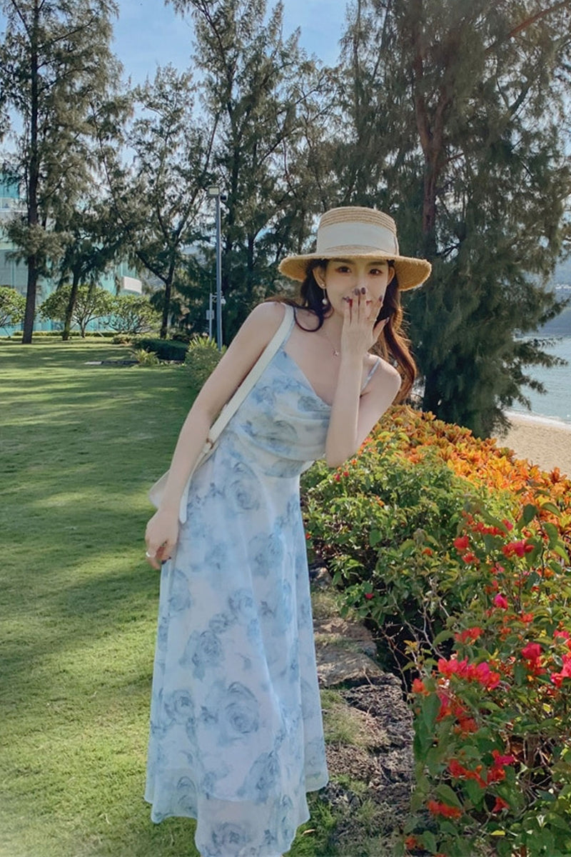 Vintage Dress - Boho Maxi Dress - Floral Print French Women Dress - Summer Strappy Dress Eloise blue / S Vintage Dress - Boho Maxi Dress - Floral Print French Women Dress - Summer Strappy Dress Eloise blue / S
