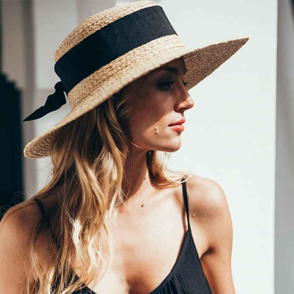 Boho Hat, Sun Hat, Beach Hat, Wide Brim Straw, Leah Black Ribbon