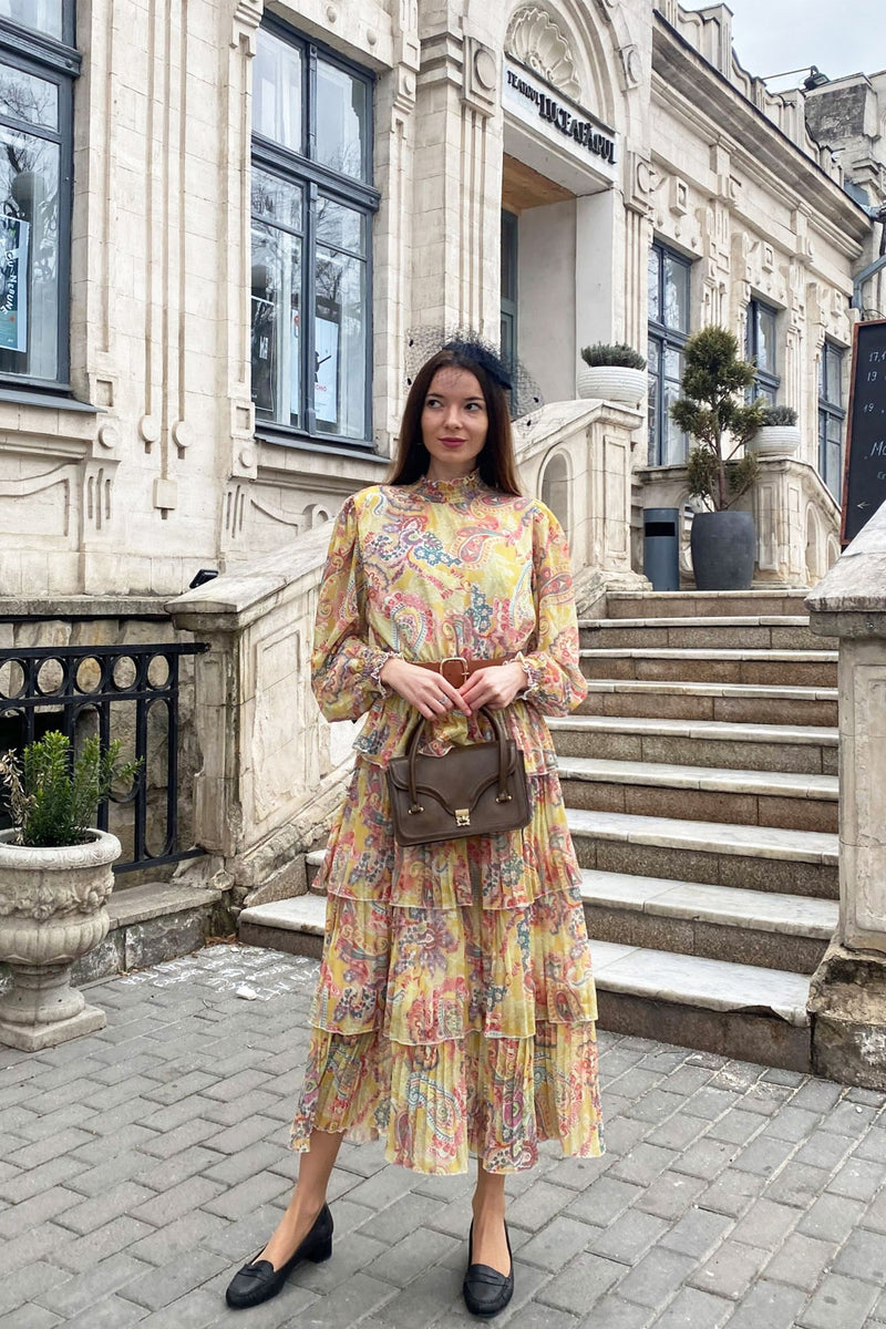 Maxi Dress - Boho Vintage Pleated Dress - Summer Print Floral Vintage Charlotte Yellow