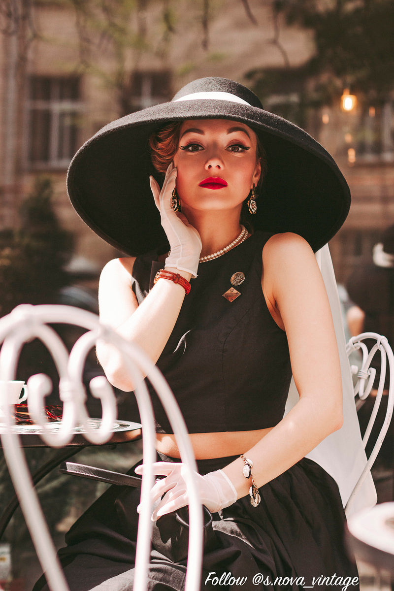 Boho Hat, Floppy Vintage Hat, Audrey Black Wool White Scraf – Wild