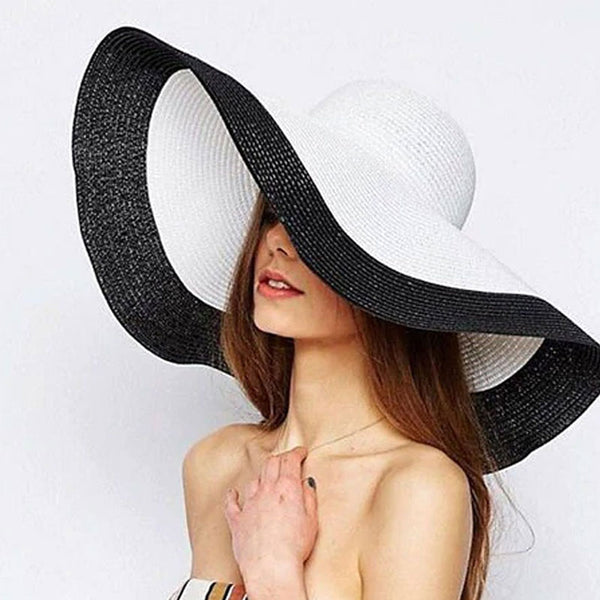 Boho Hat, Sun Hat, Beach Hat, Extra Wide Brim Straw Hat (25 cm), Two Tone Black White