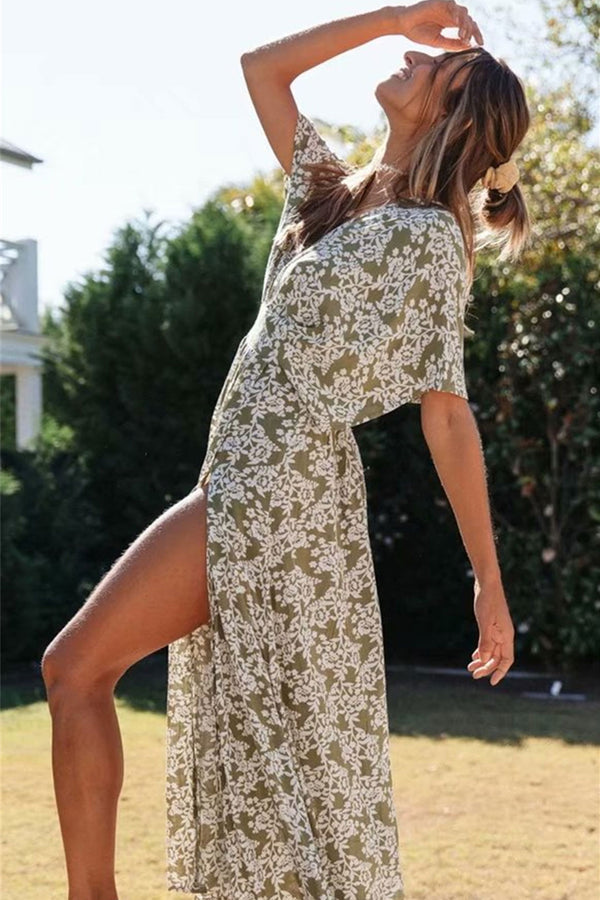 Boho Maxi Dress – “Oroslavje Wild Flora”  Floral Summer Dress in Blush Pink and Mustard
