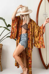 Boho Robe, Kimono Robe, Beach Cover up, Feather Paisley in Brown Blue Pink Purple