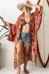 Boho Robe, Kimono Robe, Beach Cover up, Feather Paisley in Brown Blue Pink Purple