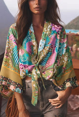 Boho Kimono Robe - Beach Cover-up in Peacock Green Gold