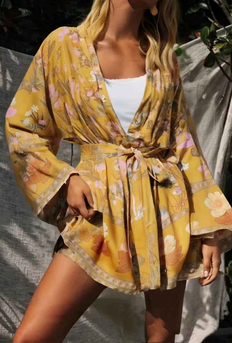 Boho Robe, Kimono Robe,  Beach Cover up, Yellow and Pink Flower