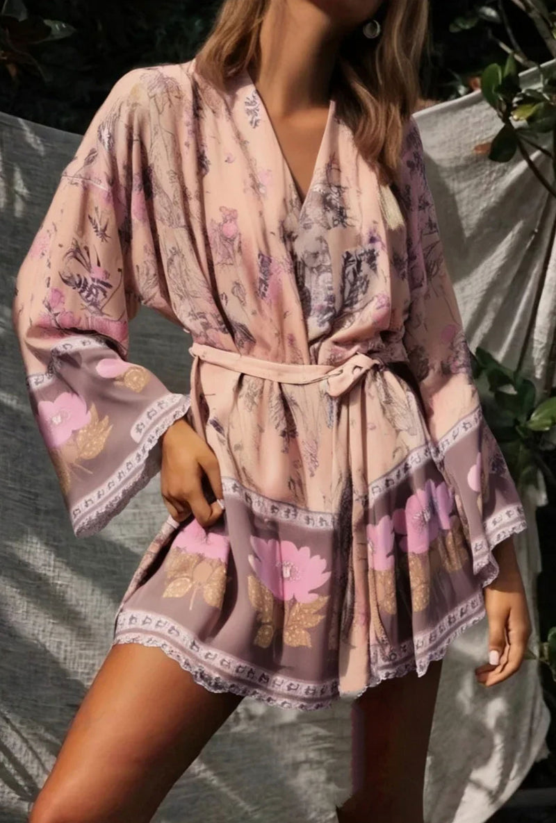 Boho Robe, Kimono Robe,  Beach Cover up, Yellow and Pink Flower