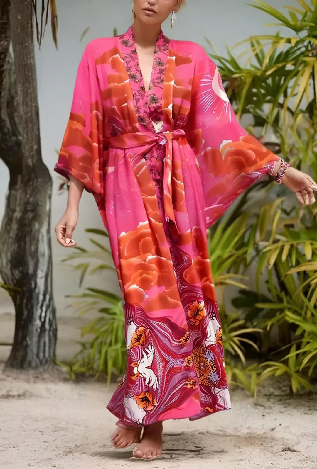 Boho Robe – “Oceane Moonlight” Bohemian Kimono Cover-Up in Pink Floral ...