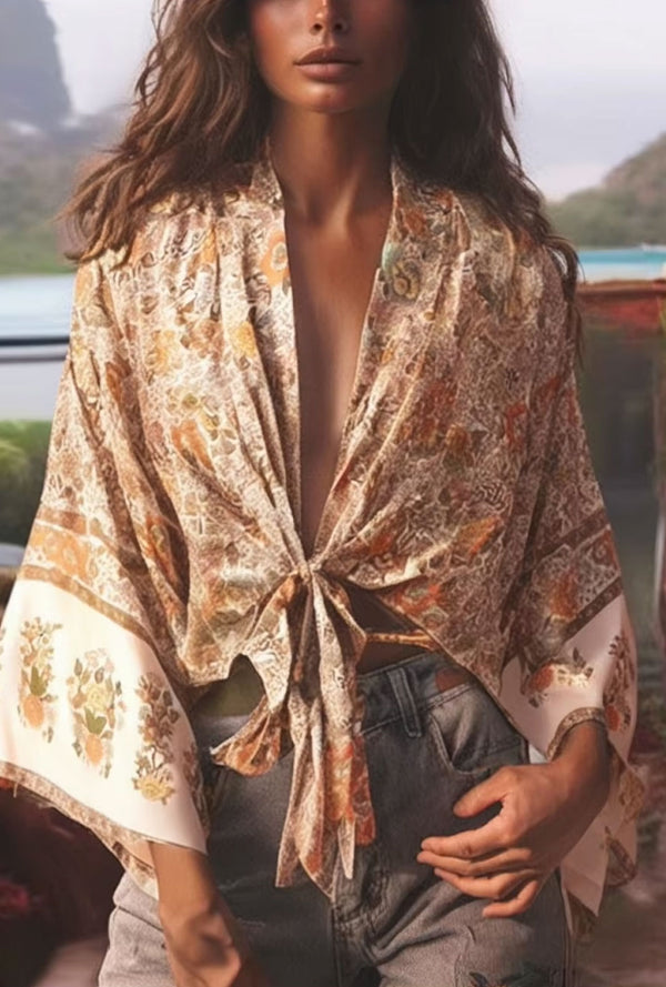 Boho Robe – “Flower Whisper” Bohemian Short Kimono Cover-Up for Beach or Lounge