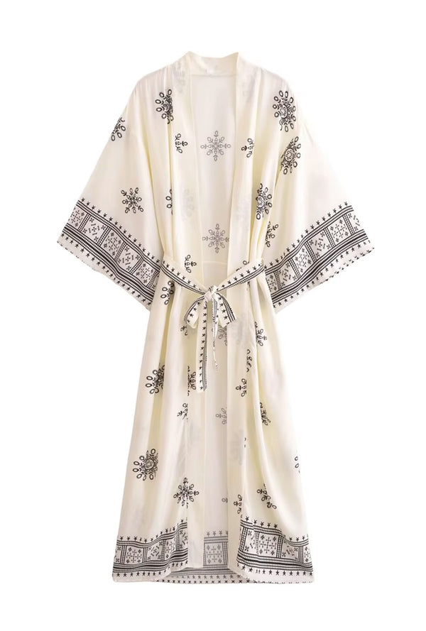 Boho Kimono Robe – “Ivory Echo” Ethnic Embroidered Beach Cover-Up for Women
