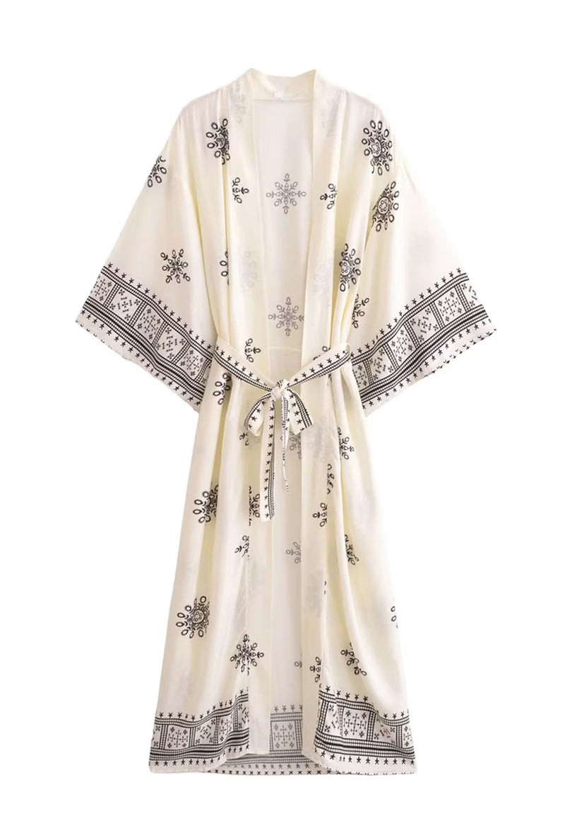 Boho Kimono Robe – “Ivory Echo” Ethnic Embroidered Beach Cover-Up for Women