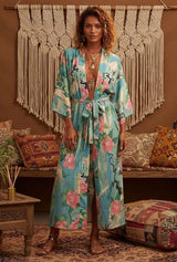 Boho Kimono Robe – “Lily Lotus” Green Floral Wrap Cover-Up for Women