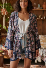 Boho Kimono Robe – “Blue Mirage” Short Cover-Up for Beach & Lounge