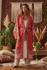 Boho Kimono Robe – “Desert Rosewood” Printed Lounge Cover-Up in Rust Red & Desert Rosewood