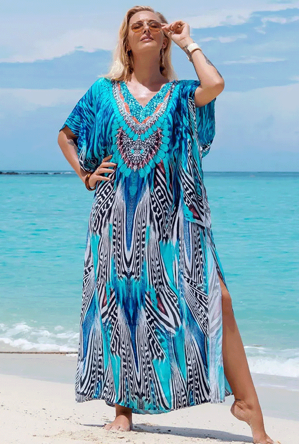 Boho Maxi Dress - Beach Dress, Kaftan Dress Allegra Blue Zebra