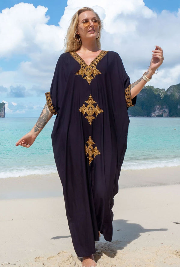 Boho Maxi Dress - Beach Dress, Kaftan Dress Vintage Embroidered in Black Liliana