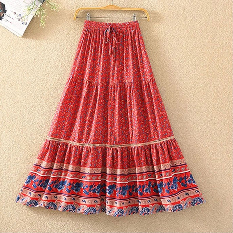 Boho Maxi Skirt – “Olive Meadow” Hippie Style Skirt in Red & Beige for Women, Summer, and Festivals