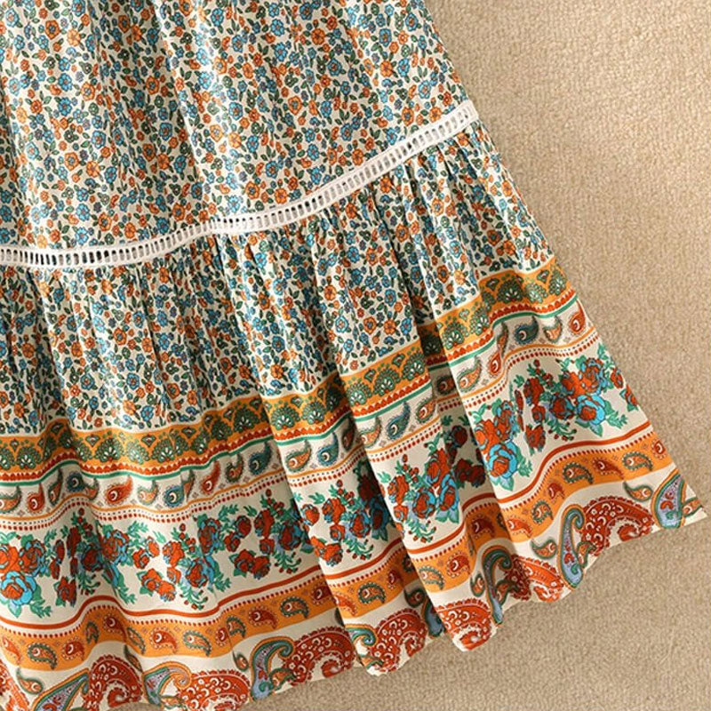 Boho Maxi Skirt – “Olive Meadow” Hippie Style Skirt in Red & Beige for Women, Summer, and Festivals