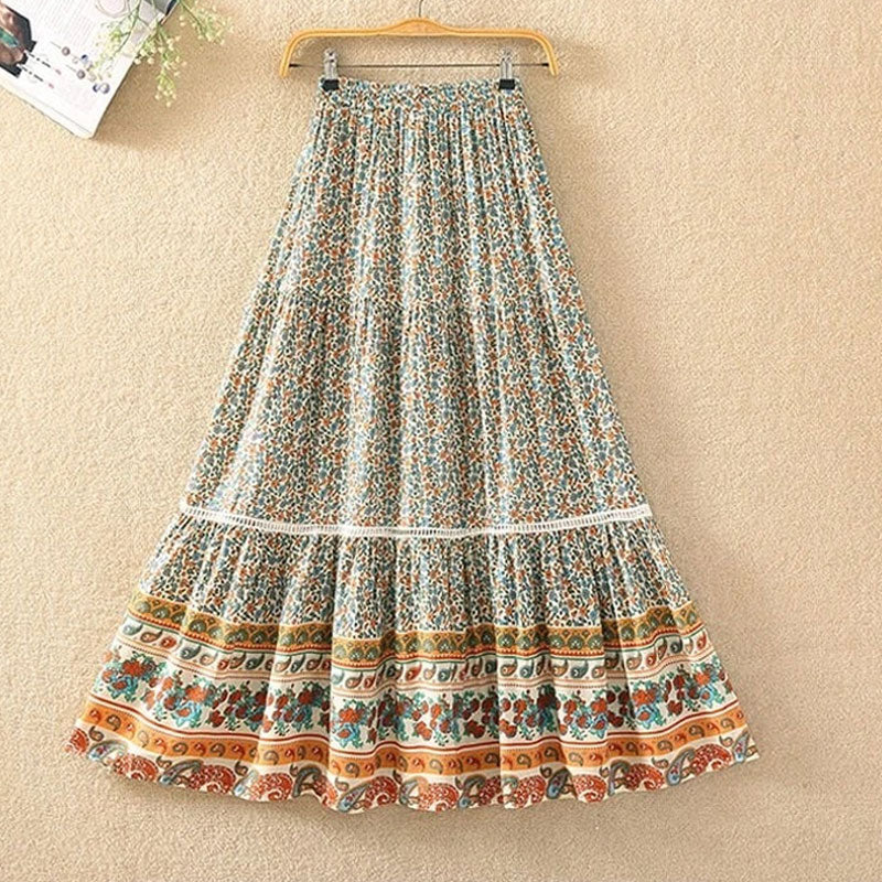 Boho Maxi Skirt – “Olive Meadow” Hippie Style Skirt in Red & Beige for Women, Summer, and Festivals