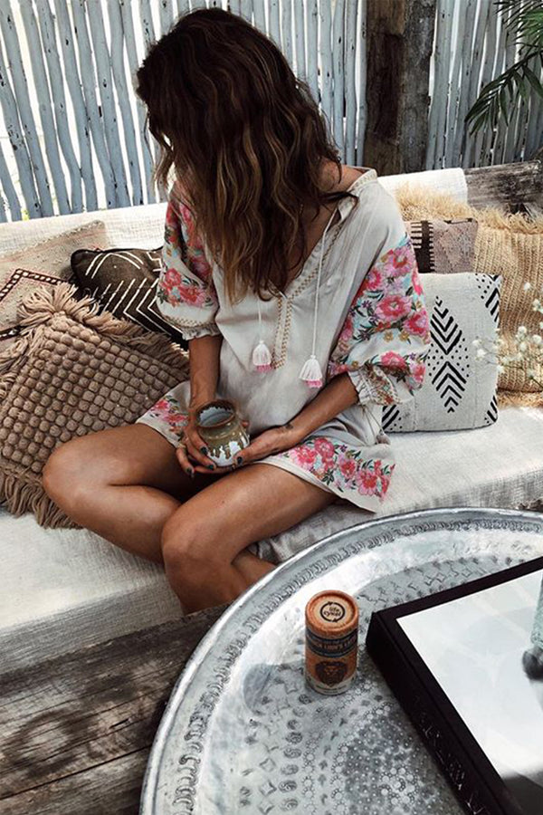 Boho Blouse – “Petal Muse” Embroidered Floral Sleeve Top in Ivory & Pink