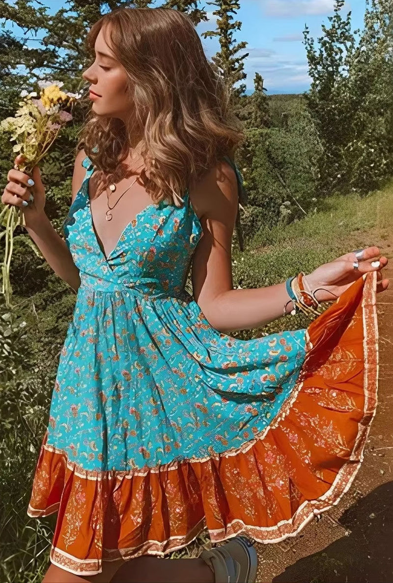Boho Mini Dress Luna Floral Tie-Strap Summer Dress for Women (Green, Red, Blue) Boho Mini Dress Luna Floral Tie-Strap Summer Dress for Women (Green, Red, Blue)